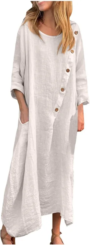 Women Cotton Linen Kaftan Dress 3/4 Sleeve Crewneck Shift Dresses Summer Oversized Tshirt Robe Irregular Hem Maxi Dress