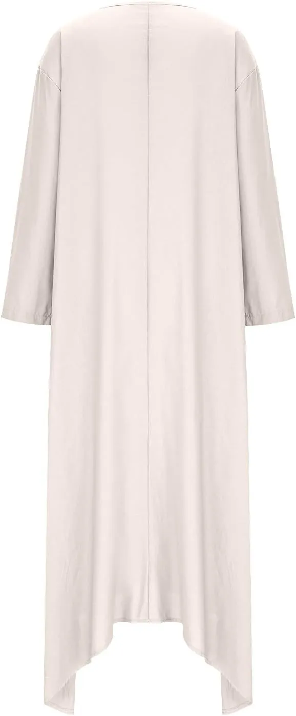 Women Cotton Linen Kaftan Dress 3/4 Sleeve Crewneck Shift Dresses Summer Oversized Tshirt Robe Irregular Hem Maxi Dress