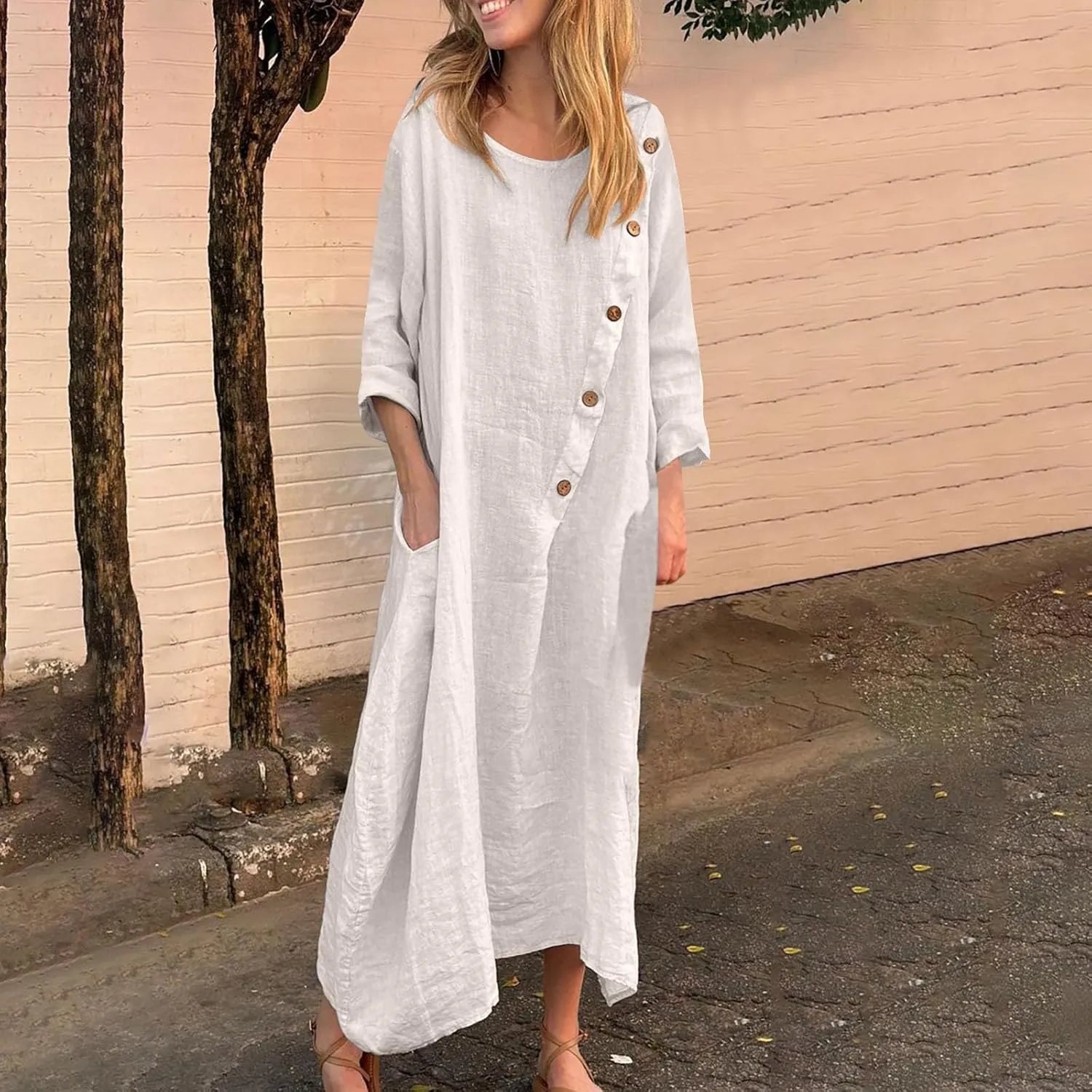 Women Cotton Linen Kaftan Dress 3/4 Sleeve Crewneck Shift Dresses Summer Oversized Tshirt Robe Irregular Hem Maxi Dress