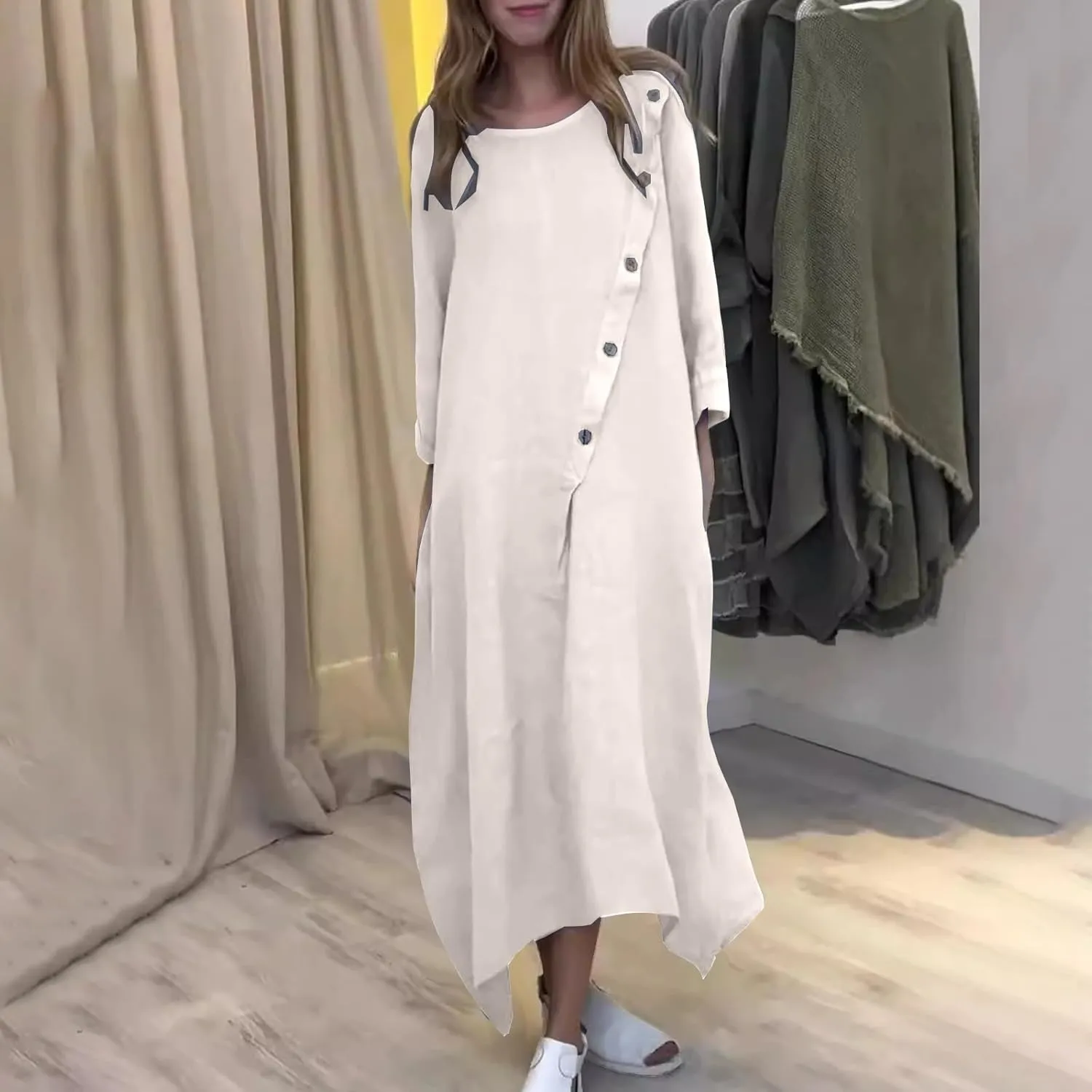 Women Cotton Linen Kaftan Dress 3/4 Sleeve Crewneck Shift Dresses Summer Oversized Tshirt Robe Irregular Hem Maxi Dress