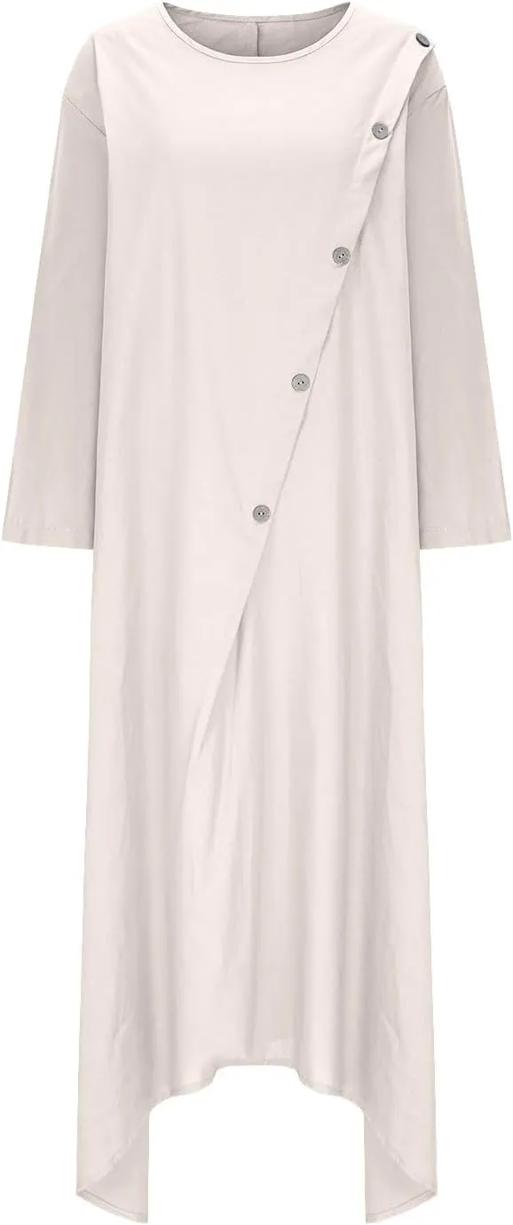 Women Cotton Linen Kaftan Dress 3/4 Sleeve Crewneck Shift Dresses Summer Oversized Tshirt Robe Irregular Hem Maxi Dress
