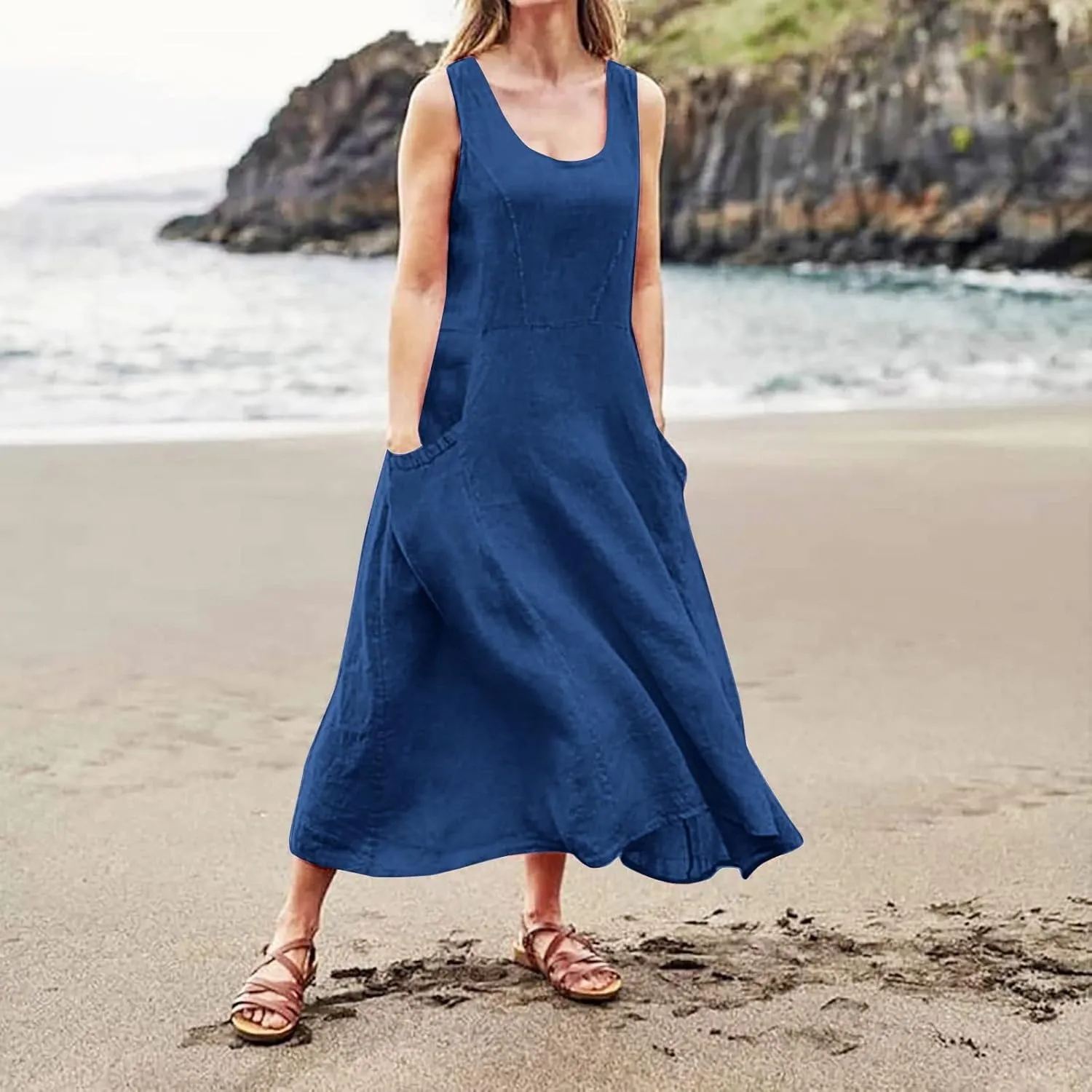Women Dresses Linen Dress Summer Beach Dress Sleeveless Boho Maxi Long Dresses Casual with Pockects