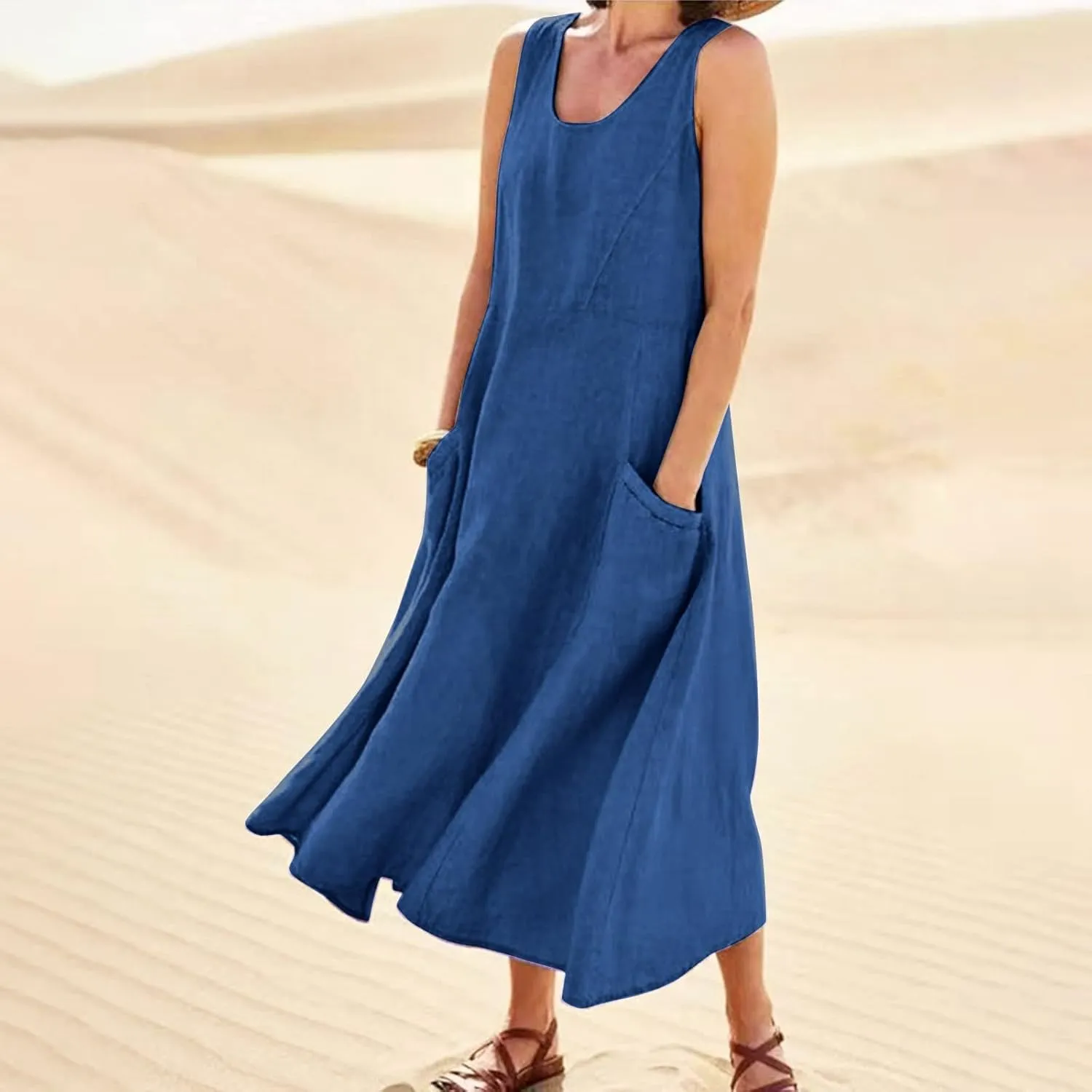 Women Dresses Linen Dress Summer Beach Dress Sleeveless Boho Maxi Long Dresses Casual with Pockects