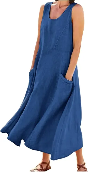 Women Dresses Linen Dress Summer Beach Dress Sleeveless Boho Maxi Long Dresses Casual with Pockects