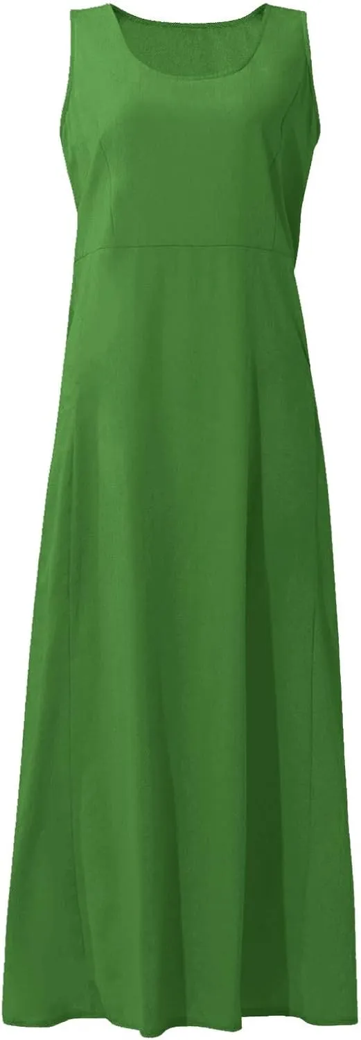Women Dresses Linen Dress Summer Beach Dress Sleeveless Boho Maxi Long Dresses Casual with Pockects