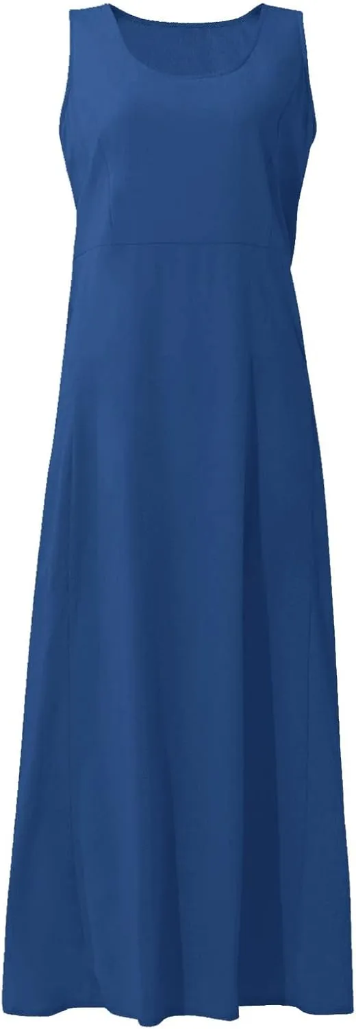 Women Dresses Linen Dress Summer Beach Dress Sleeveless Boho Maxi Long Dresses Casual with Pockects