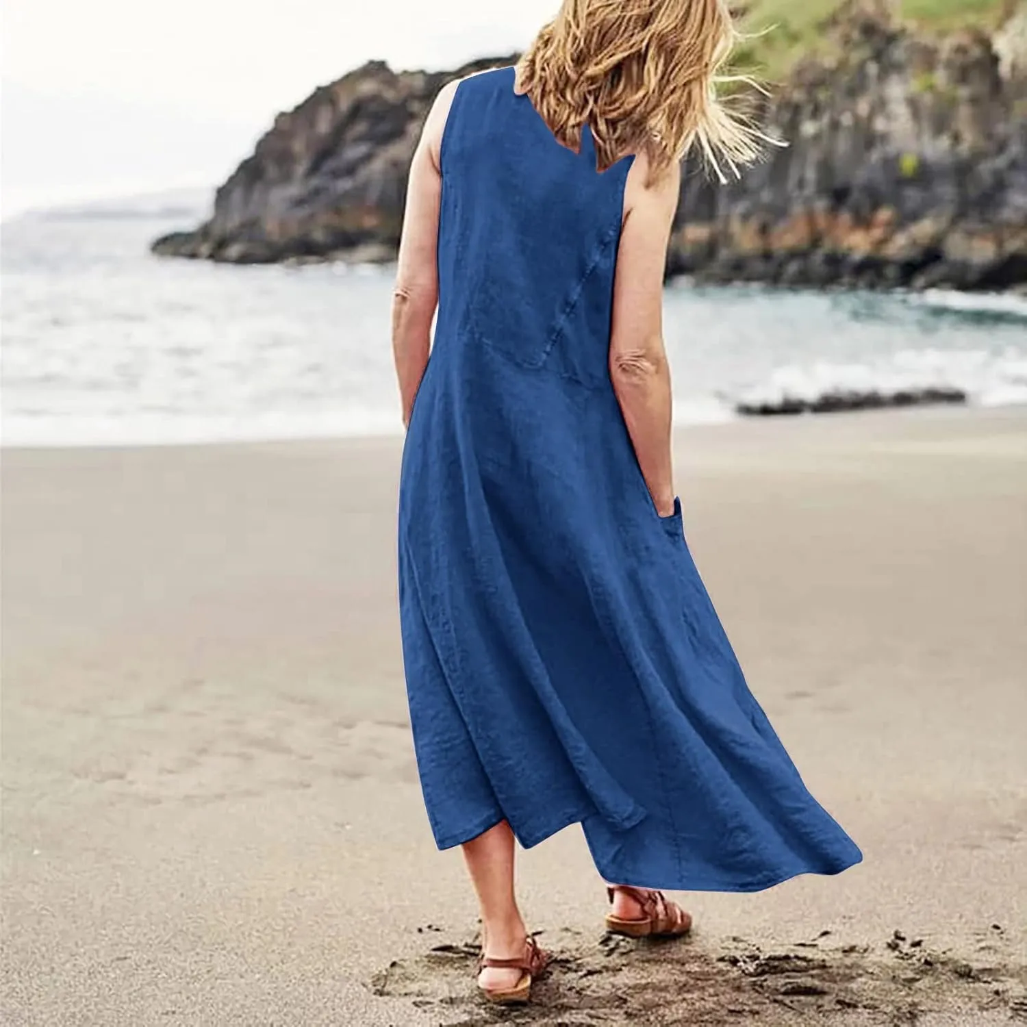 Women Dresses Linen Dress Summer Beach Dress Sleeveless Boho Maxi Long Dresses Casual with Pockects