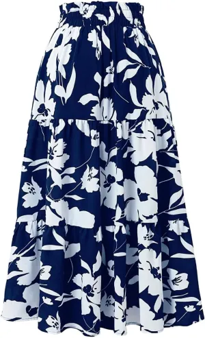Women Elastic High Waist Boho Floral Maxi Skirt Tiered Pleated Flowy Long Summer Casual Beach Skirt with Pockets