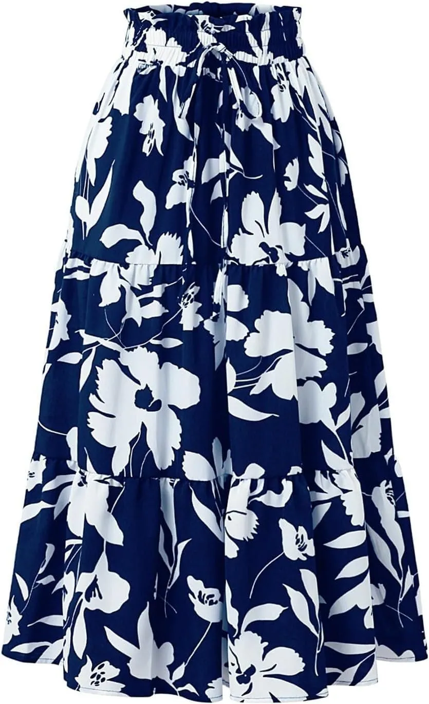 Women Elastic High Waist Boho Floral Maxi Skirt Tiered Pleated Flowy Long Summer Casual Beach Skirt with Pockets