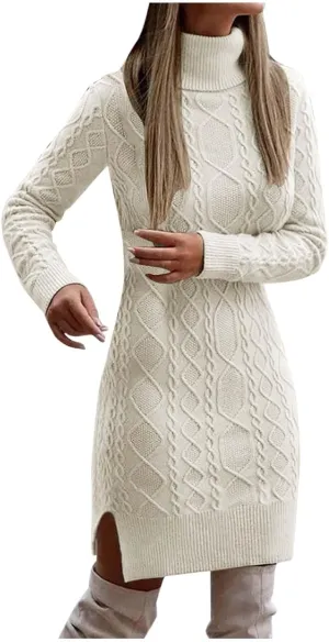 Women Fashion Solid Slim Fit Long Sleeve Pullover Sweater Knitted Lapel Sweater Slit Mid Length Summer Dress Knee
