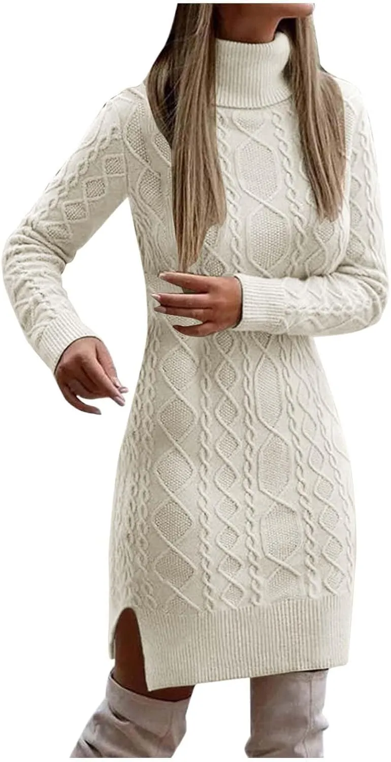 Women Fashion Solid Slim Fit Long Sleeve Pullover Sweater Knitted Lapel Sweater Slit Mid Length Summer Dress Knee