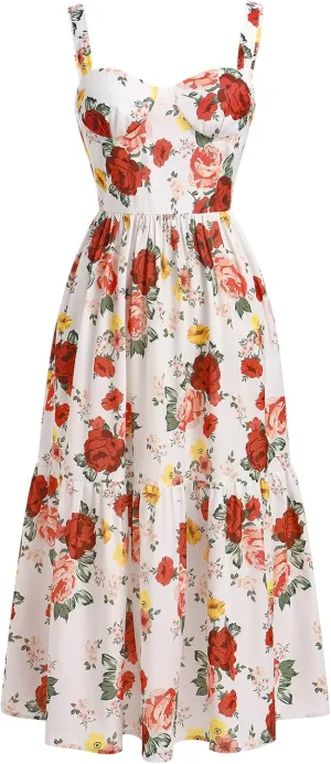 Women Floral Corset Dress Cottagecore Tiered Dress Sleeveless Bustier Dress Summer Flowy Spaghetti Strap Sundress