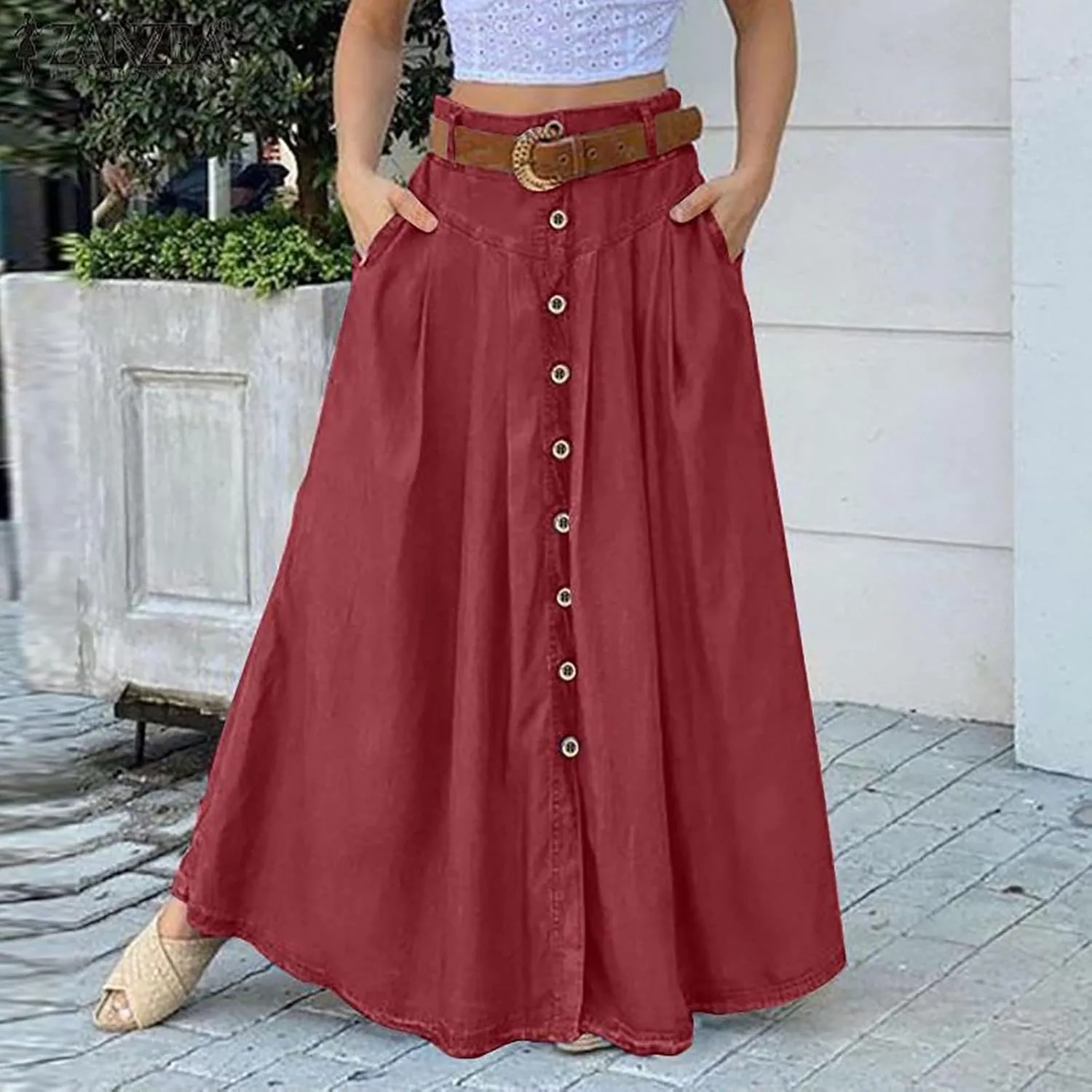 Women Floral Print Boho Maxi Skirt Elastic High Waist Tiered Pleated Flowy Long Summer Casual Skirt