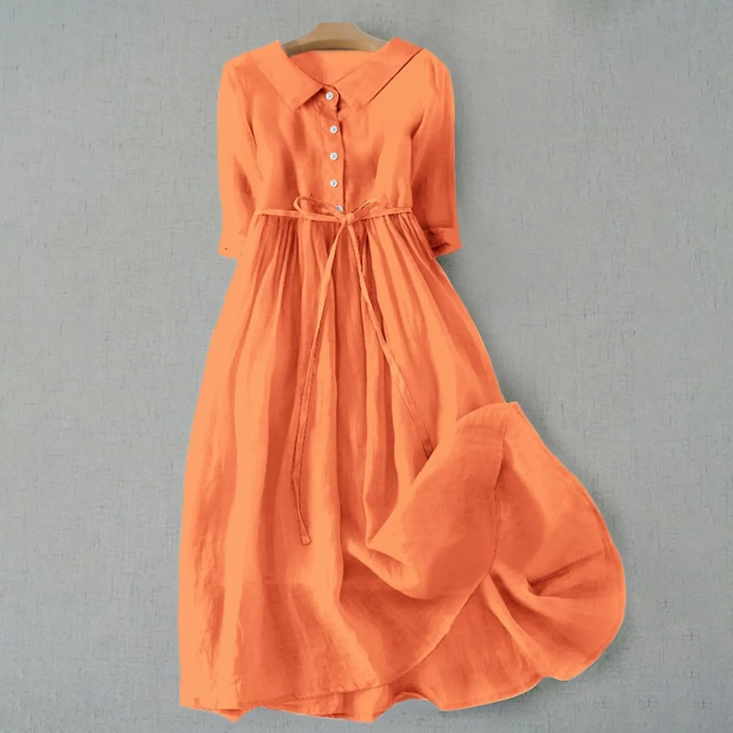 Women Korean Style Dresses Lace-Up Waist-Defined Henley Shirt Midi Dress Summer Half Sleeve Trendy A-Line Dress