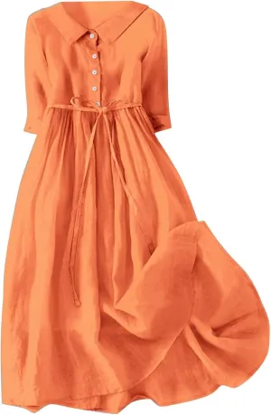 Women Korean Style Dresses Lace-Up Waist-Defined Henley Shirt Midi Dress Summer Half Sleeve Trendy A-Line Dress