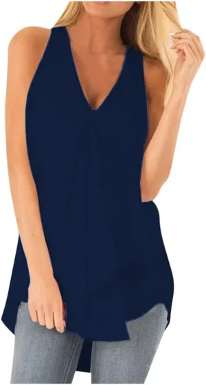 Women Plus Size Loose V Neck Sleeveless T Shirts Chiffon Pullover Tank Tops Apparel Women Tops