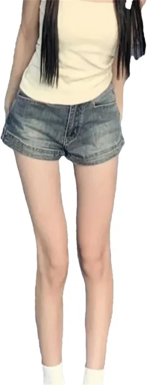 Women Retro High Waist Denim Shorts High Street Slimming Button Zipper Shorts