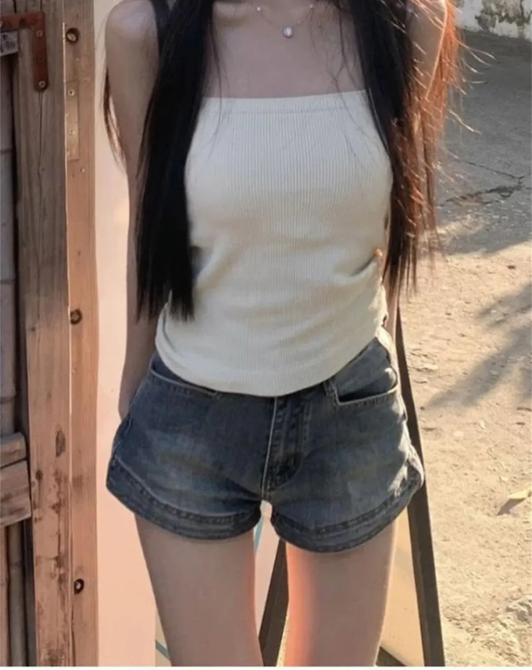Women Retro High Waist Denim Shorts High Street Slimming Button Zipper Shorts