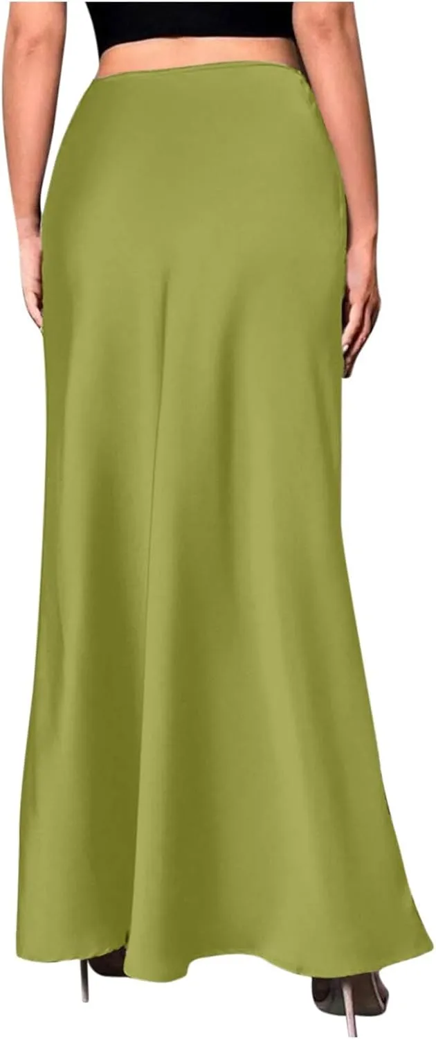 Women Satin High Waisted Maxi Skirts Hidden Elasticized Waistband A Line Long Skirt 2025 Elegant Clothes