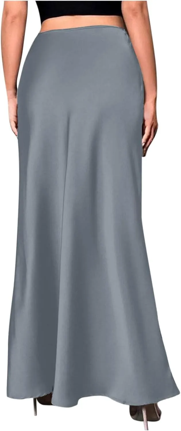 Women Satin High Waisted Maxi Skirts Hidden Elasticized Waistband A Line Long Skirt 2025 Elegant Clothes
