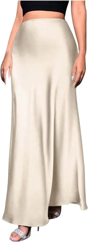 Women Satin High Waisted Maxi Skirts Hidden Elasticized Waistband A Line Long Skirt 2025 Elegant Clothes