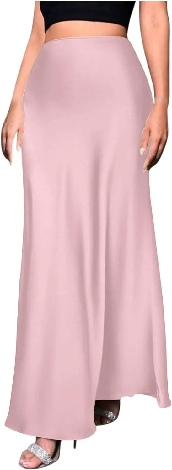 Women Satin High Waisted Maxi Skirts Hidden Elasticized Waistband A Line Long Skirt 2025 Elegant Clothes