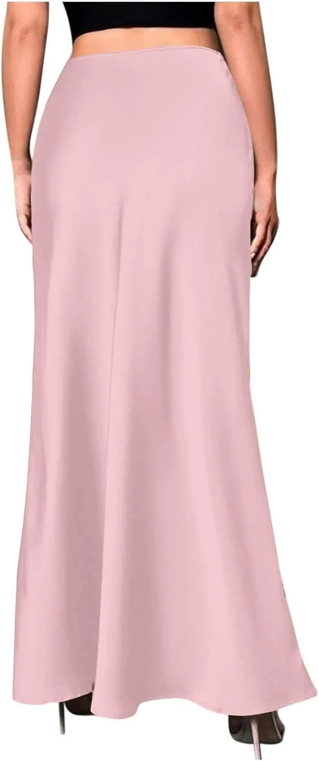 Women Satin High Waisted Maxi Skirts Hidden Elasticized Waistband A Line Long Skirt 2025 Elegant Clothes