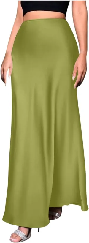 Women Satin High Waisted Maxi Skirts Hidden Elasticized Waistband A Line Long Skirt 2025 Elegant Clothes