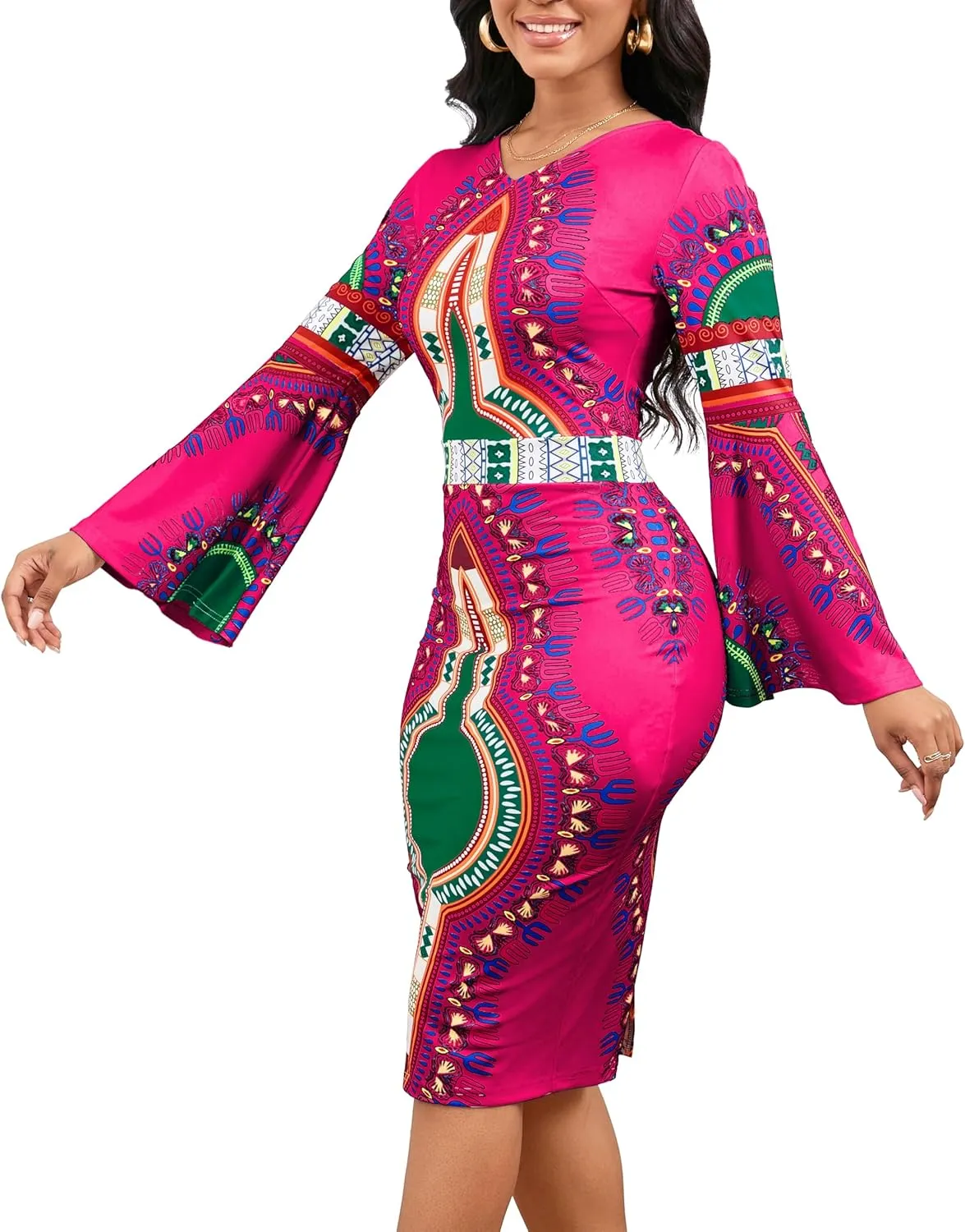 Women Sexy Dresses Bodycon Church 3/4 Sleeve African Print Pencil Party Office Dress Work with Split