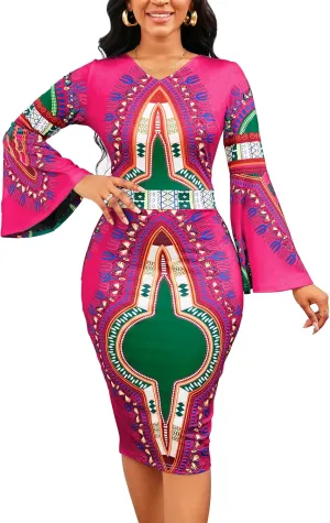 Women Sexy Dresses Bodycon Church 3/4 Sleeve African Print Pencil Party Office Dress Work with Split