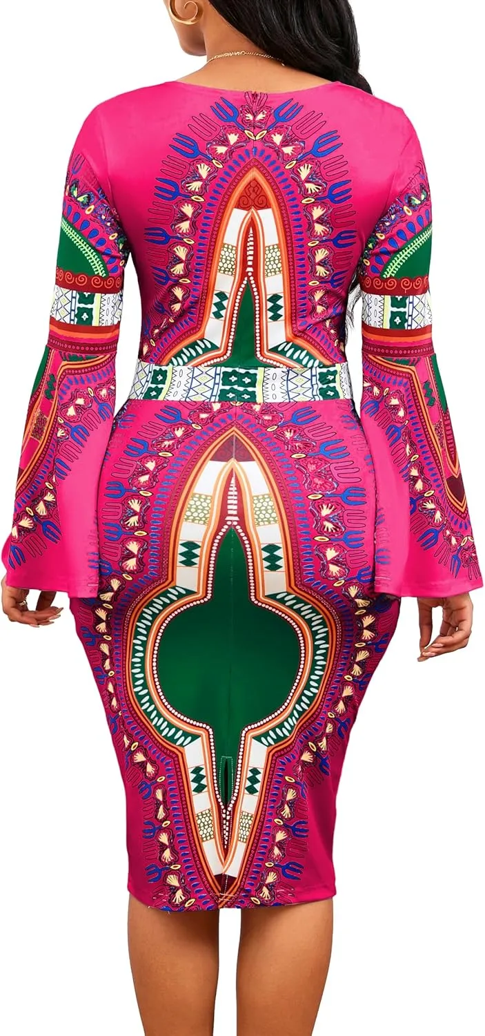 Women Sexy Dresses Bodycon Church 3/4 Sleeve African Print Pencil Party Office Dress Work with Split
