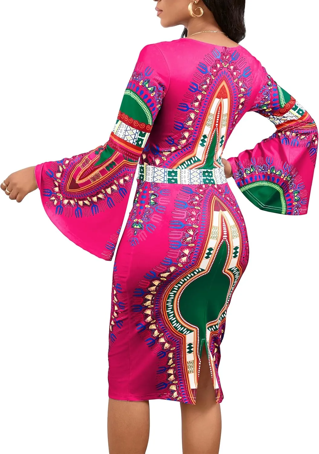 Women Sexy Dresses Bodycon Church 3/4 Sleeve African Print Pencil Party Office Dress Work with Split