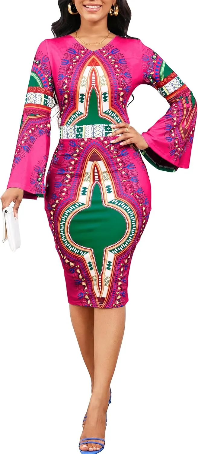 Women Sexy Dresses Bodycon Church 3/4 Sleeve African Print Pencil Party Office Dress Work with Split