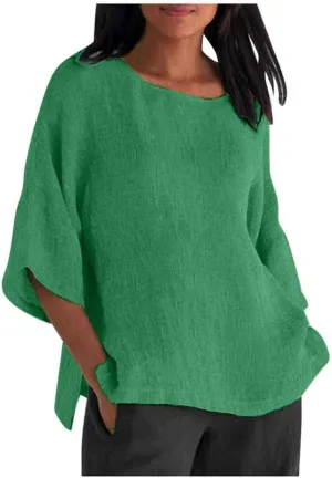 Women Short Sleeve Linen Shirts Casual Round Neck Plus Size T Shirt Bohemian Boho Loose Fit Summer Tshirts