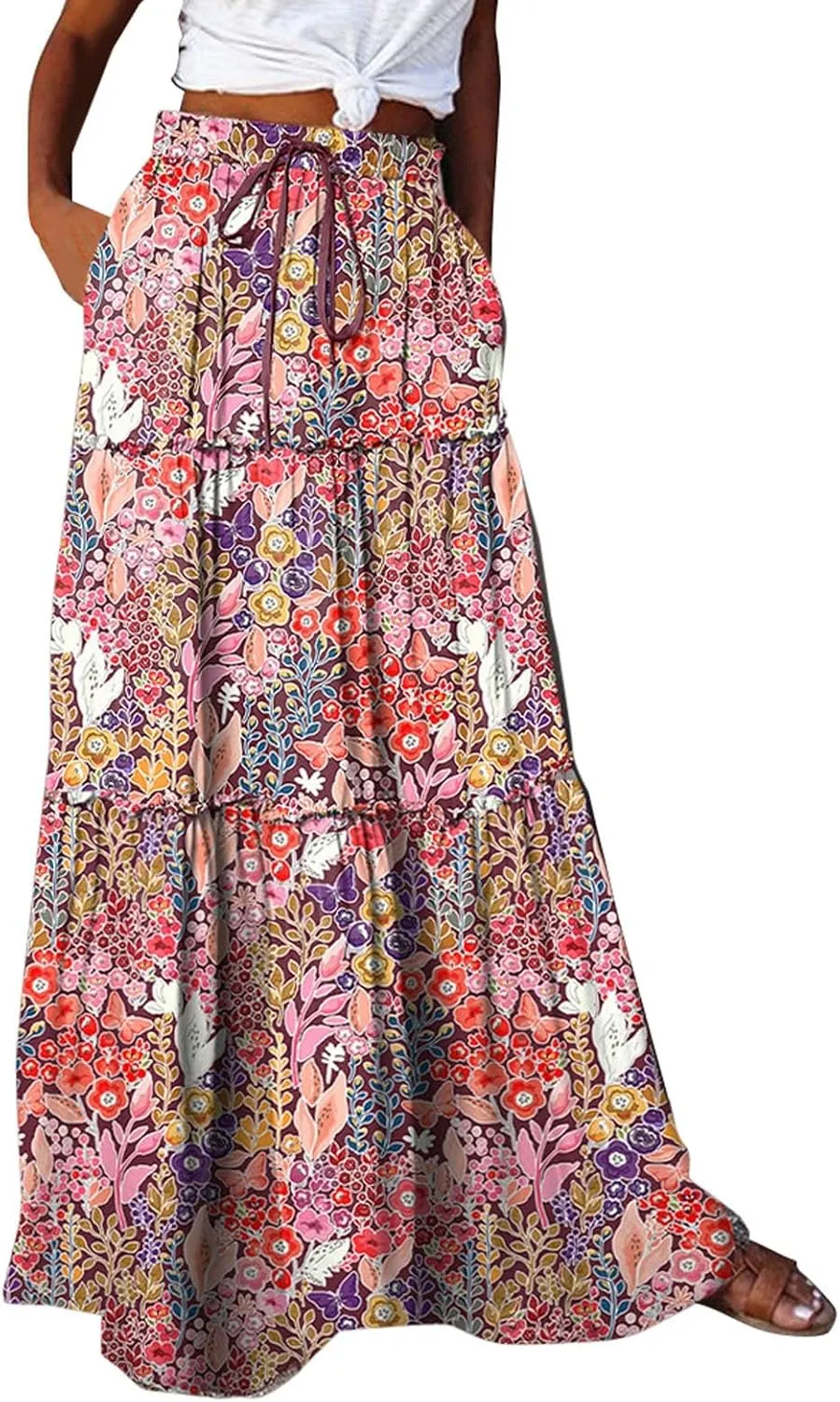 Women Summer Boho Floral Maxi Skirt Elastic High Waist Tiered Pleated Flowy Long Casual Beach Skirt