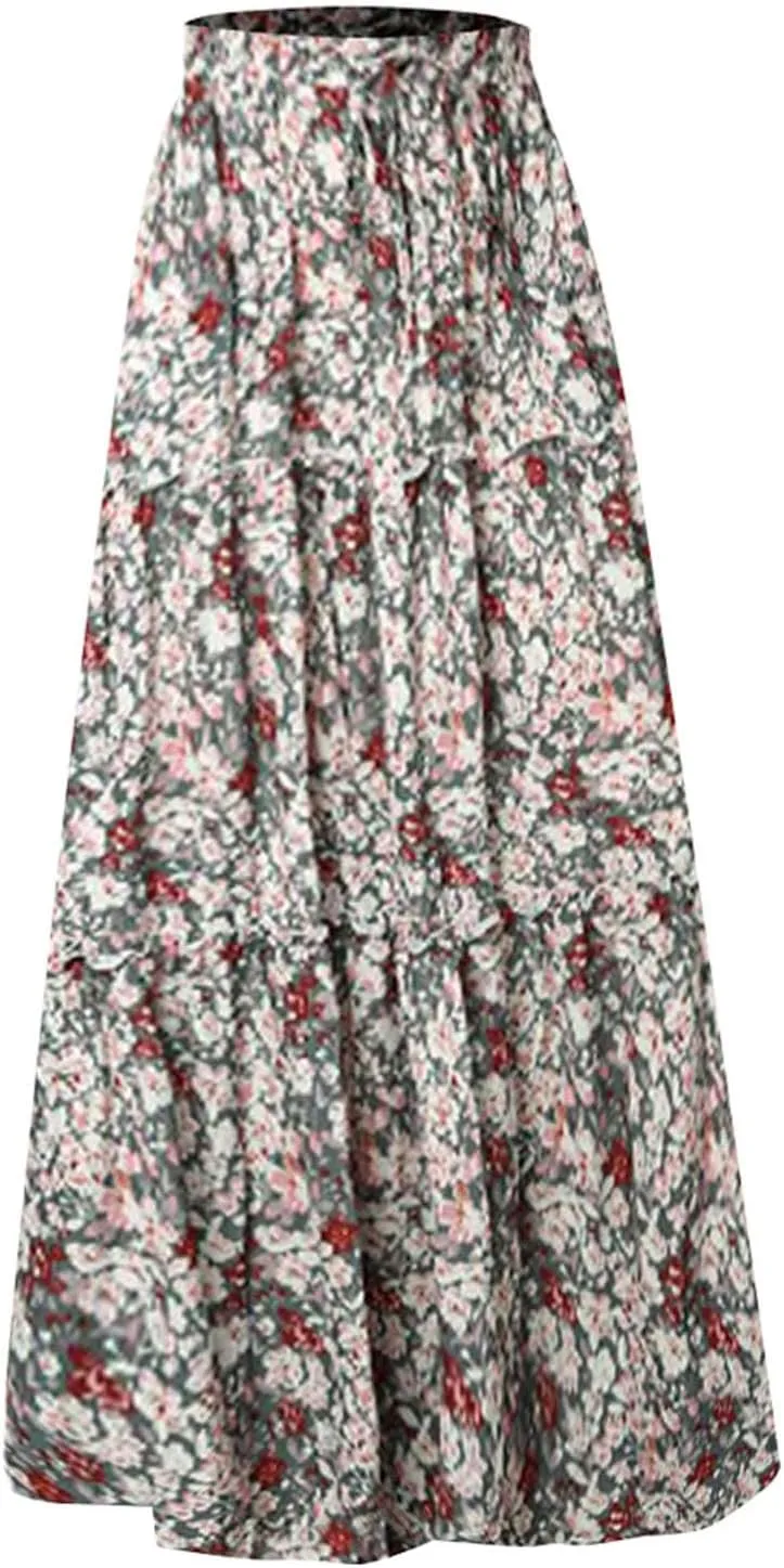 Women Summer Boho Floral Maxi Skirt Elastic High Waist Tiered Pleated Flowy Long Casual Beach Skirt