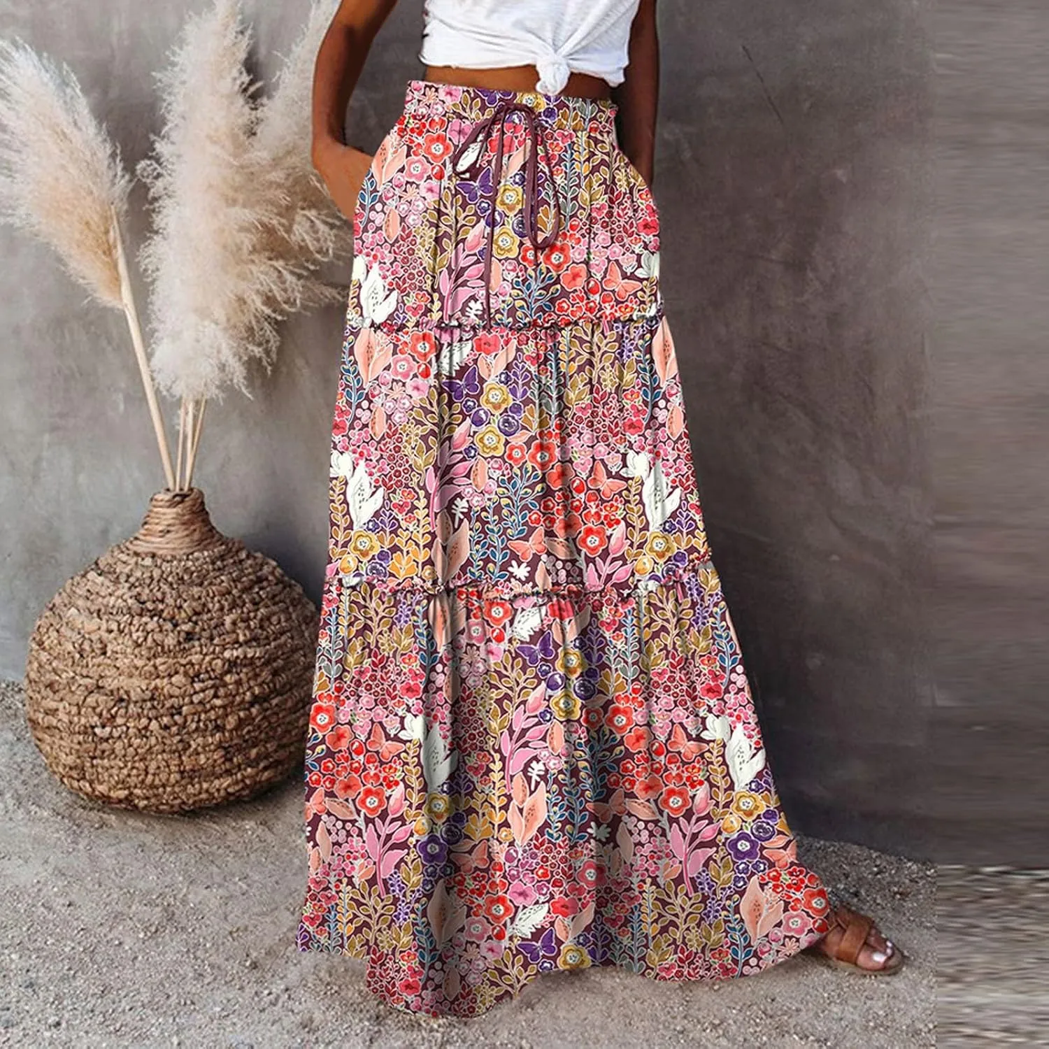 Women Summer Boho Floral Maxi Skirt Elastic High Waist Tiered Pleated Flowy Long Casual Beach Skirt