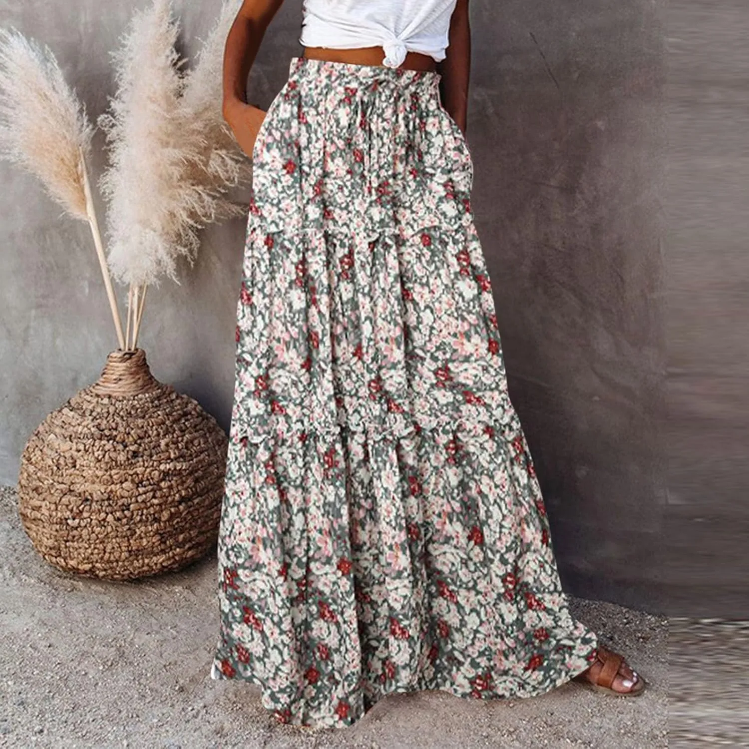 Women Summer Boho Floral Maxi Skirt Elastic High Waist Tiered Pleated Flowy Long Casual Beach Skirt