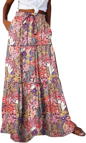 Women Summer Boho Floral Maxi Skirt Elastic High Waist Tiered Pleated Flowy Long Casual Beach Skirt