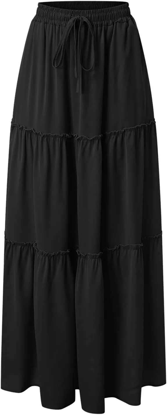 Women Summer Boho Floral Maxi Skirt Elastic High Waist Tiered Pleated Flowy Long Casual Beach Skirt