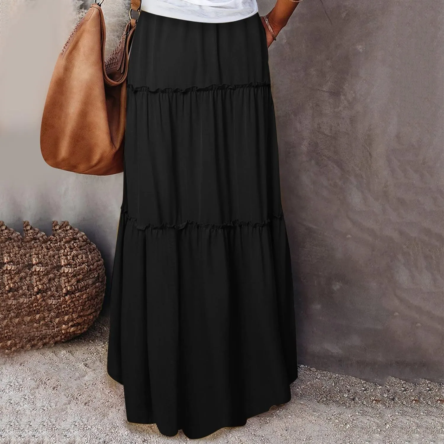 Women Summer Boho Floral Maxi Skirt Elastic High Waist Tiered Pleated Flowy Long Casual Beach Skirt