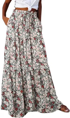 Women Summer Boho Floral Maxi Skirt Elastic High Waist Tiered Pleated Flowy Long Casual Beach Skirt