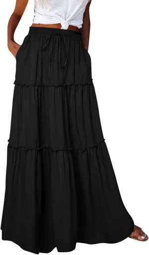 Women Summer Boho Floral Maxi Skirt Elastic High Waist Tiered Pleated Flowy Long Casual Beach Skirt