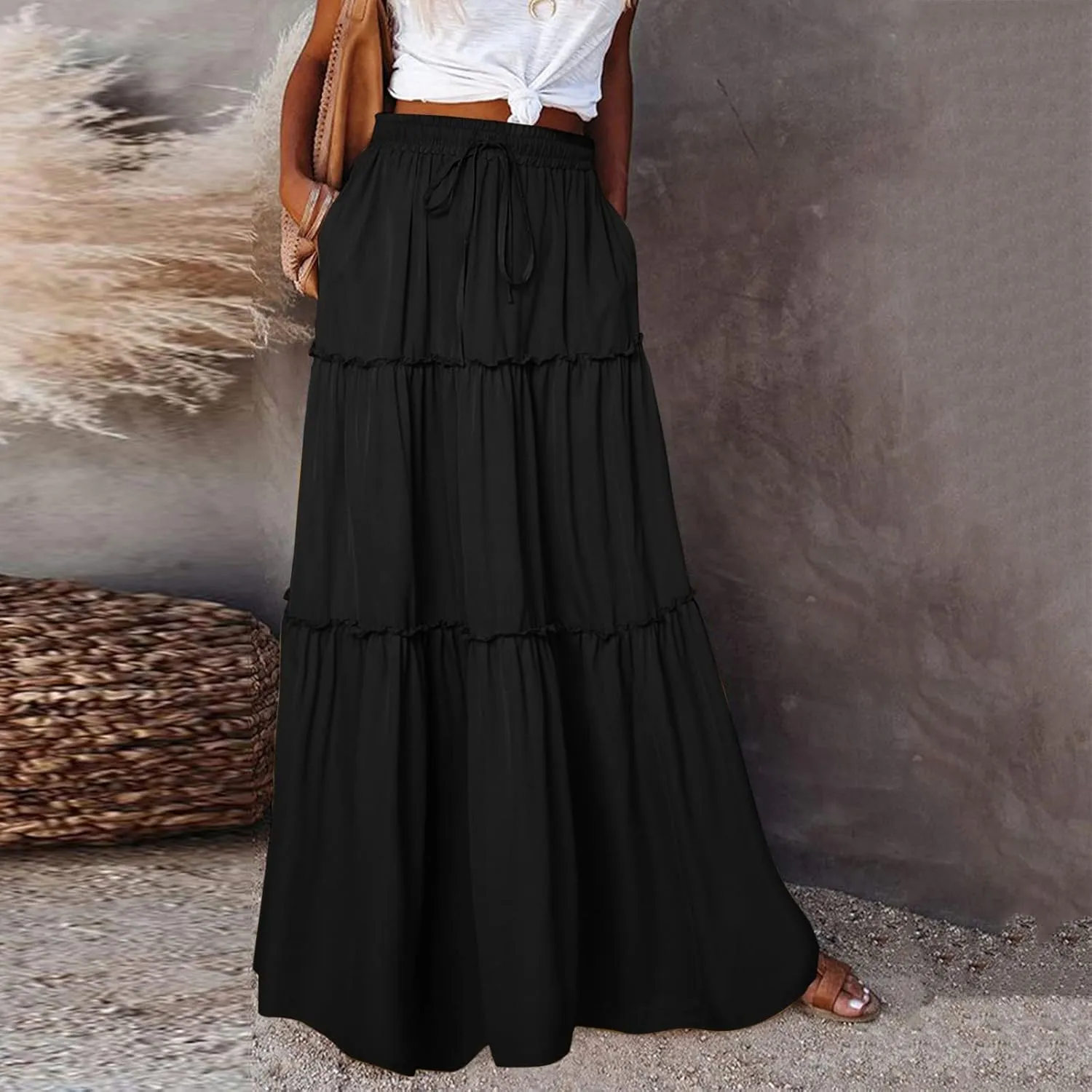 Women Summer Boho Floral Maxi Skirt Elastic High Waist Tiered Pleated Flowy Long Casual Beach Skirt
