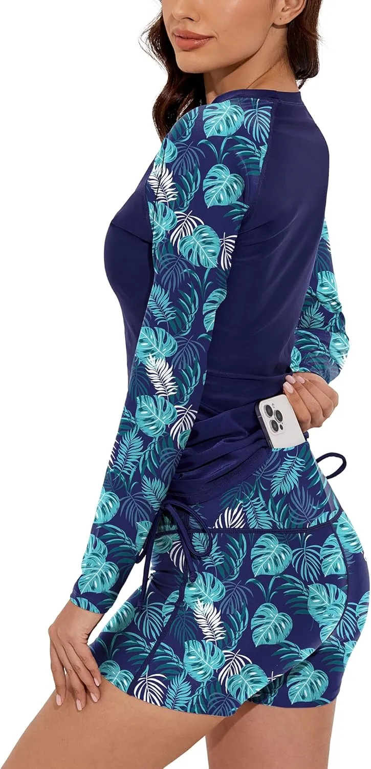 Women Two Piece Rash Guard Swimsuits Long Sleeve Built in Bra Swim Shirt UPF 50  Bathing Suit with Boyshorts