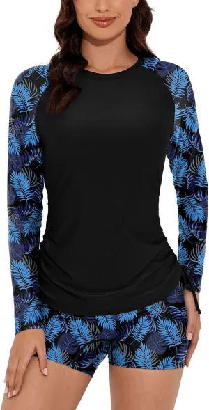 Women Two Piece Rash Guard Swimsuits Long Sleeve Built in Bra Swim Shirt UPF 50  Bathing Suit with Boyshorts
