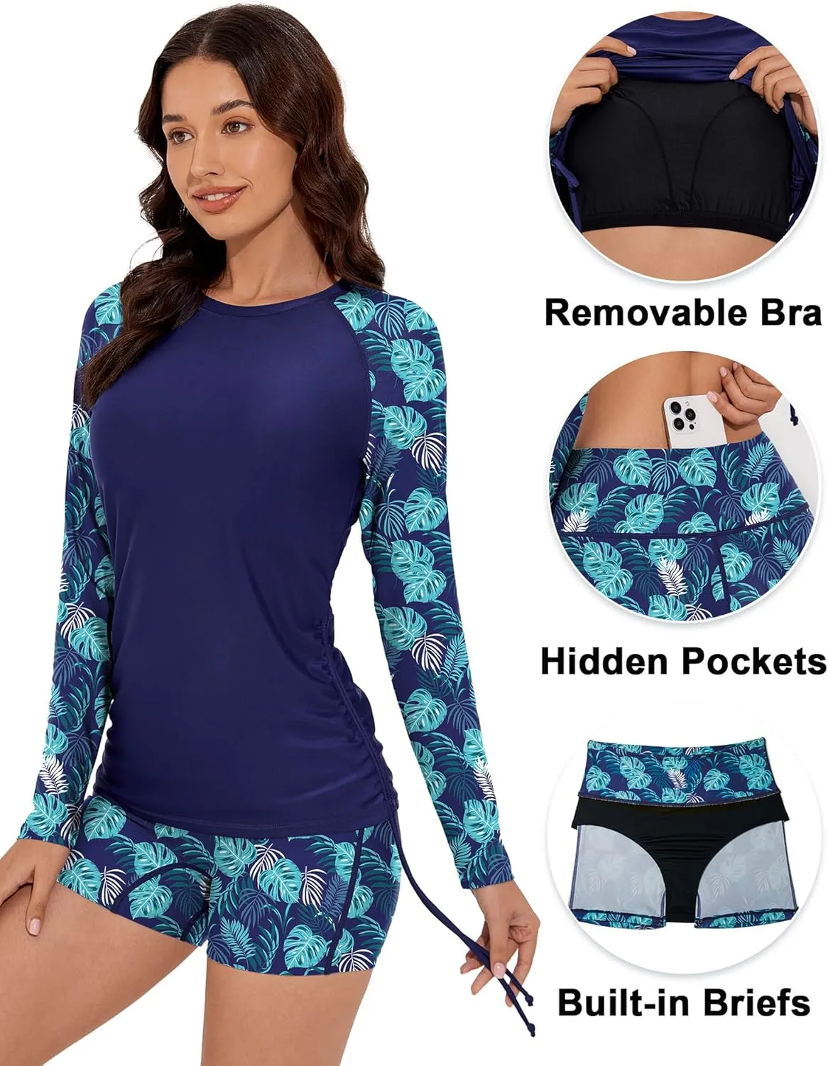 Women Two Piece Rash Guard Swimsuits Long Sleeve Built in Bra Swim Shirt UPF 50  Bathing Suit with Boyshorts