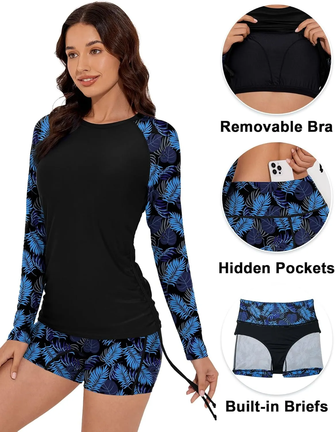 Women Two Piece Rash Guard Swimsuits Long Sleeve Built in Bra Swim Shirt UPF 50  Bathing Suit with Boyshorts