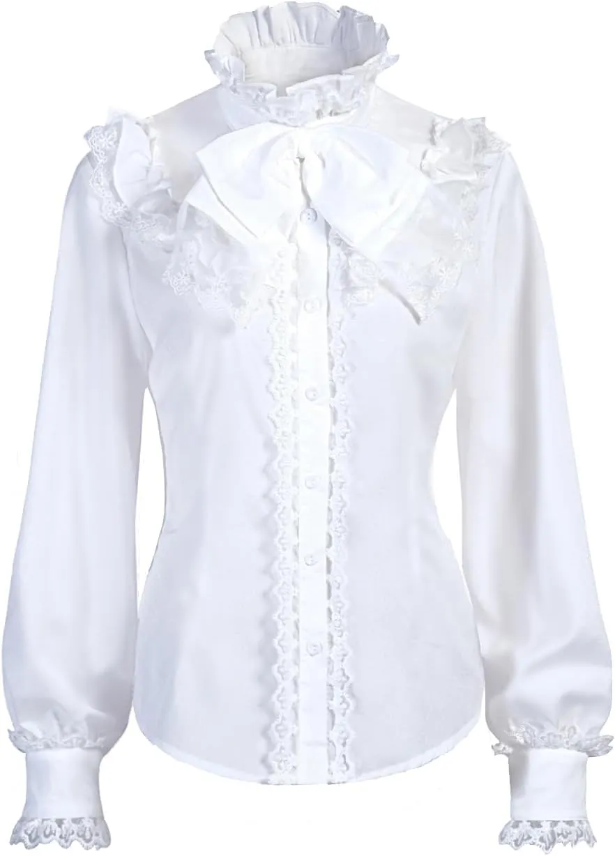 Women Victorian Blouse Long Sleeve Shirts Stand Collar Lotus Ruffled Medieval Gothic Tops