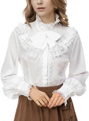 Women Victorian Blouse Long Sleeve Shirts Stand Collar Lotus Ruffled Medieval Gothic Tops